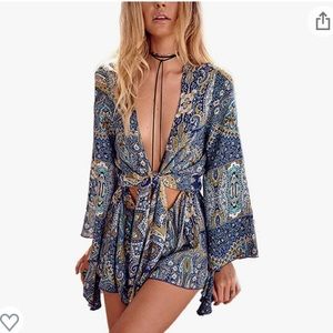 Boho V Neck Print Romper Playsuit with Long Flare Sleeves, Medium